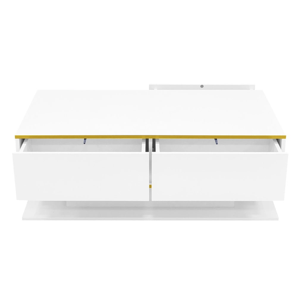 Tavolino da caffè 100x50x40 cm con 3 cassetti e LED in pannello di particelle bianco e oro