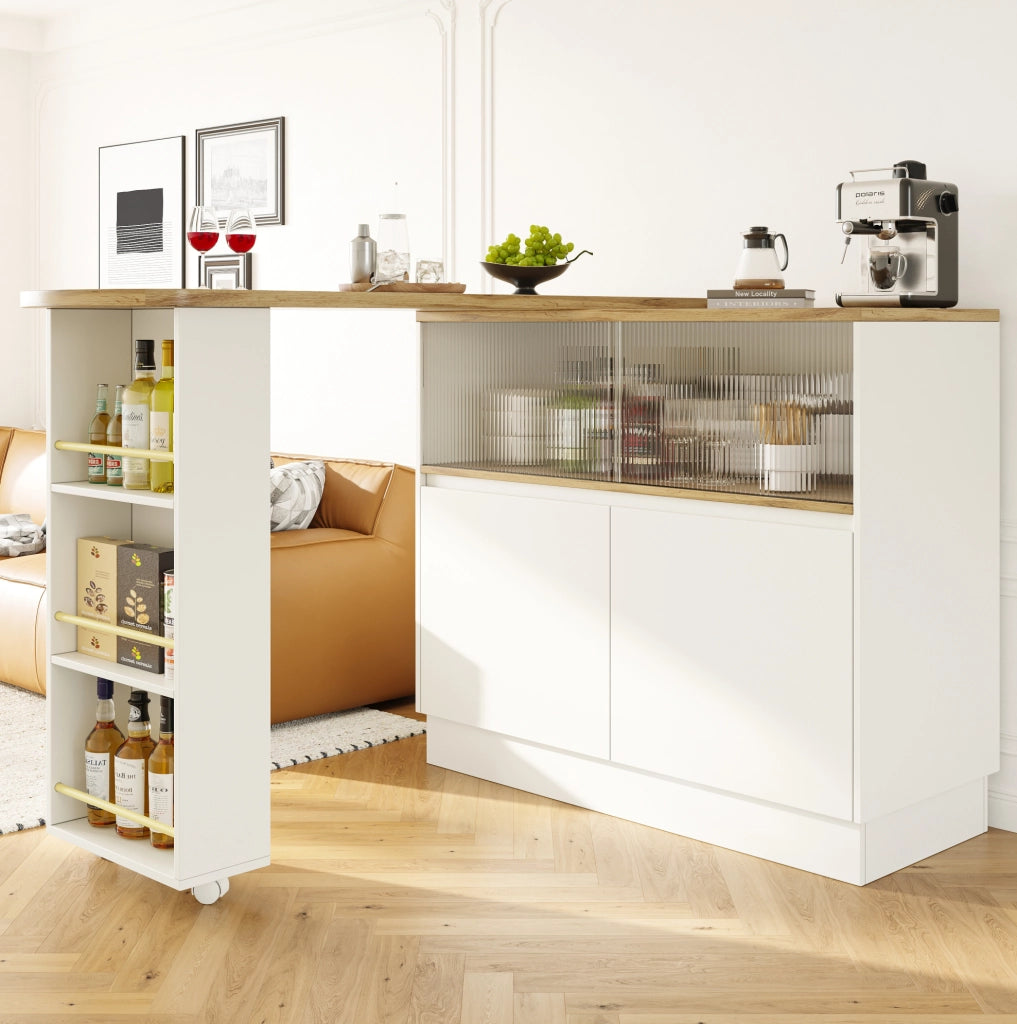 Credenza bar 90x45x100 cm girevole a 360°; con porta scorrevole in vetro; MDF bianco