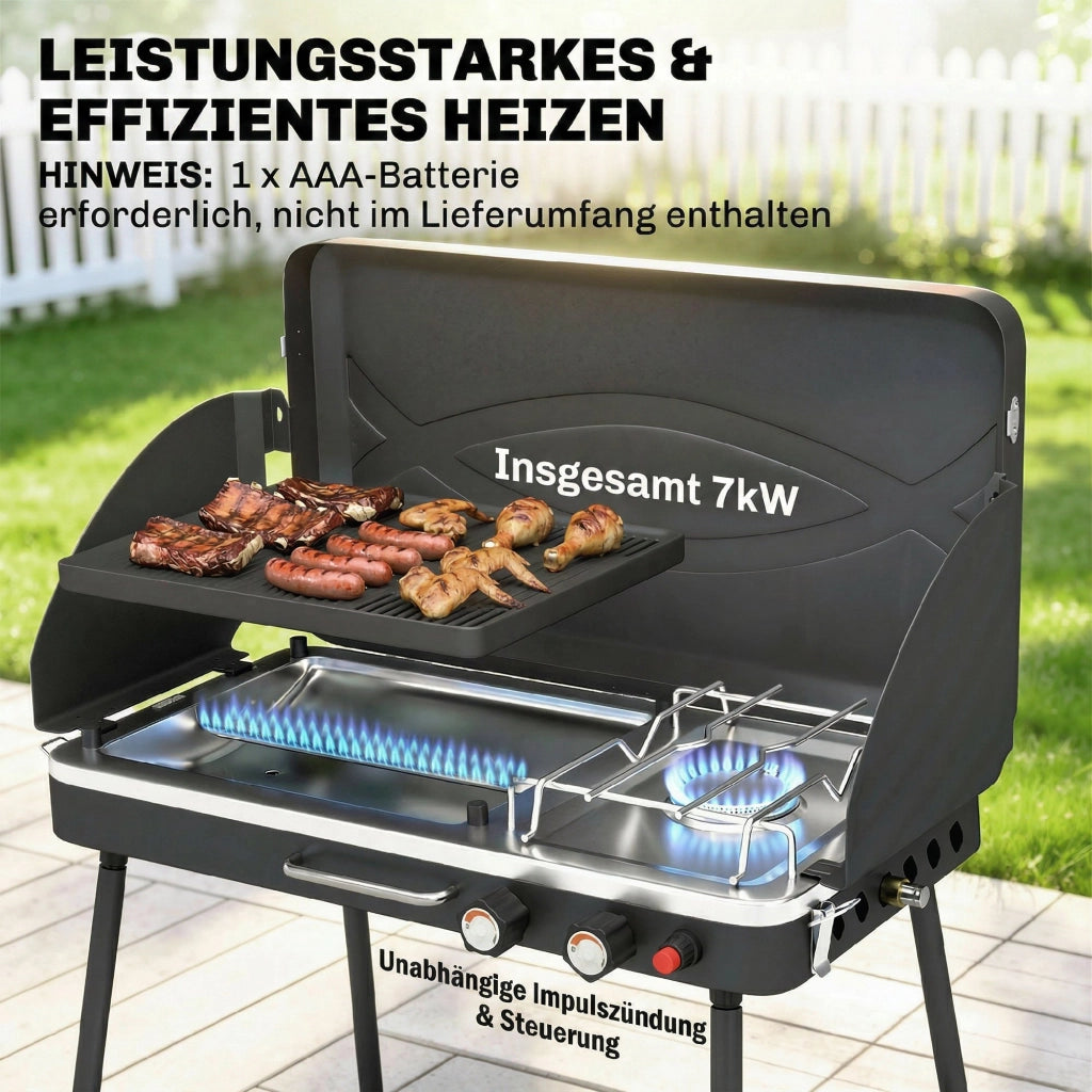 Grill a gas portatile 2 bruciatori ¨C zephmum ¨C 2-in-1 tavolo con coperchio e vento