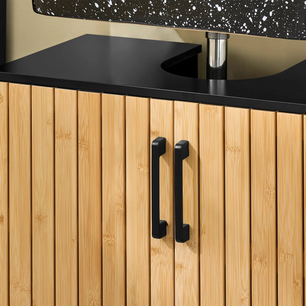 SoBuy Mobile Sottolavabo Bagno 60 cm Mobiletto Salvaspazio con Ante in Bambù e Piedini in Metallo Armadietto Moderno Sotto Lavabo per Bagno Piccolo BZR202-SCH