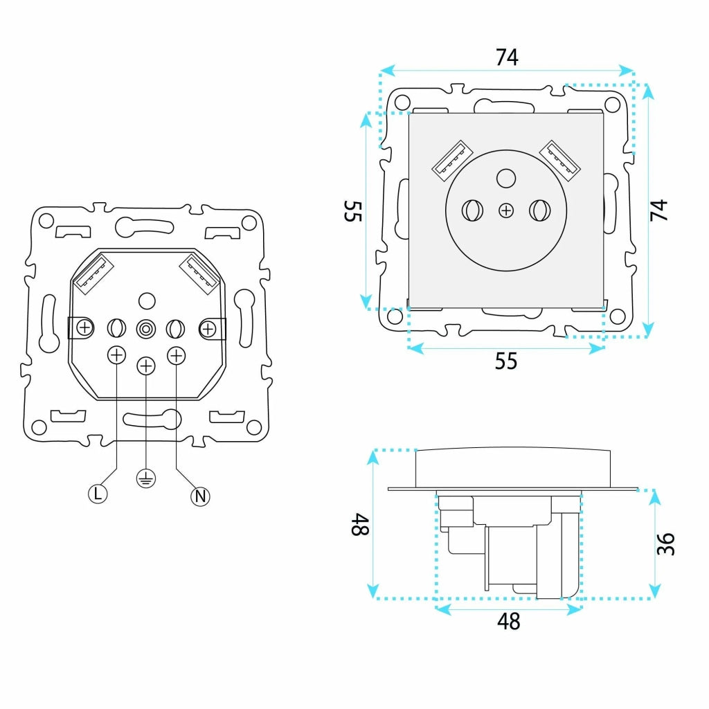 Presa Singola Con Messa A Terra + 2x Usb-a Oste Jnh003-g Grey