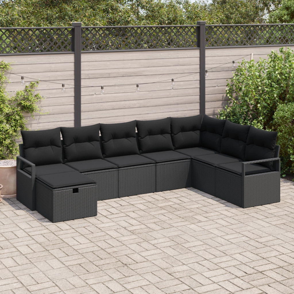 Set di divani da giardino a 8 pezzi con cuscini in polyrattan nero