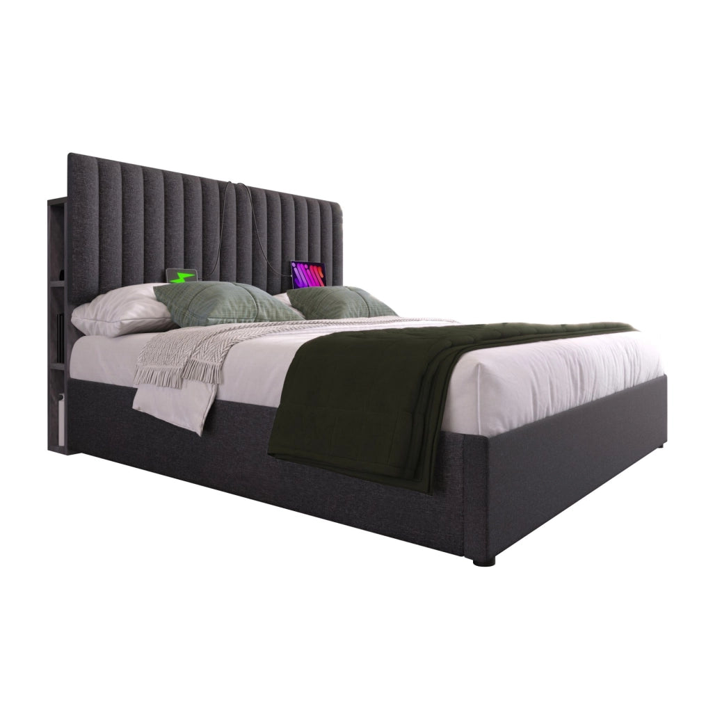 Letto imbottito 140x200 cm grigio con LED app, USB-C, contenitore e testiera regolabile