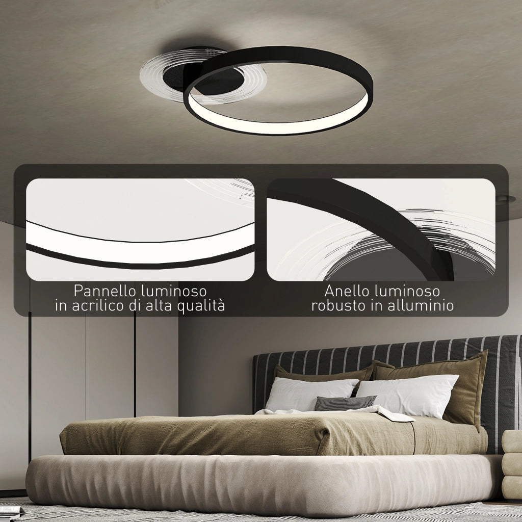 Plafoniera LED Moderna a 2 Anelli 50x40x 7,4 cm Potenza 30W in Alluminio e Acrilico Nero