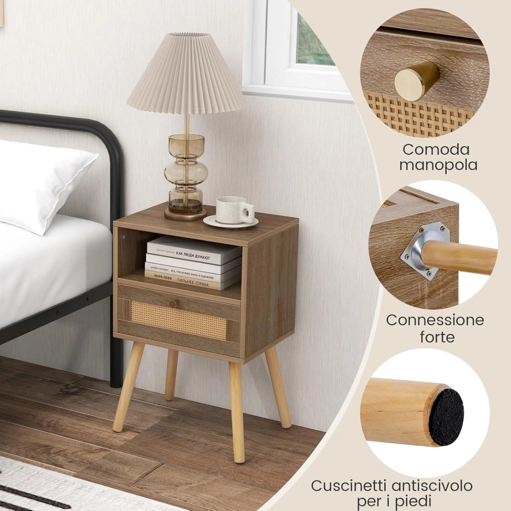 Set di 2 Comodini in Rattan, Comodini con Cassetto e Gmabe in legno, 2 Pezzi Comodini in Stile Boho con Vano Aperto, Tavolino Laterale per Camera da Letto, Soggiorno