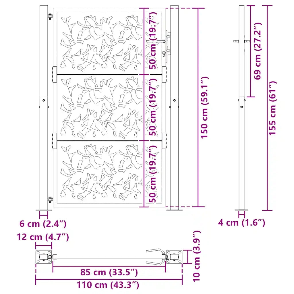 Cancello Giardino Nero 105x155 cm in Acciaio Design a Foglia