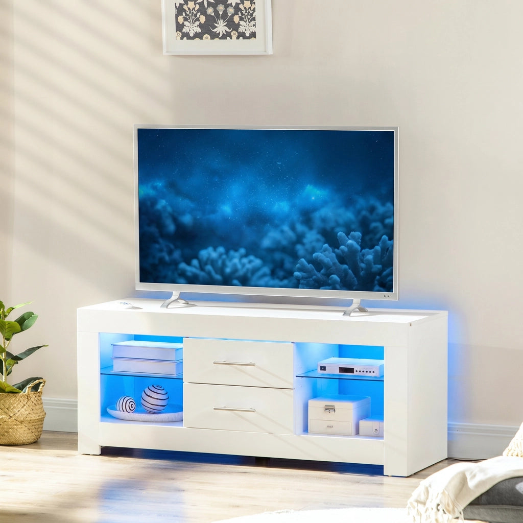 Mobile Porta TV con Luci LED ¨C zephmum ¨C Bianco Legno e Vetro 120x40x50cm