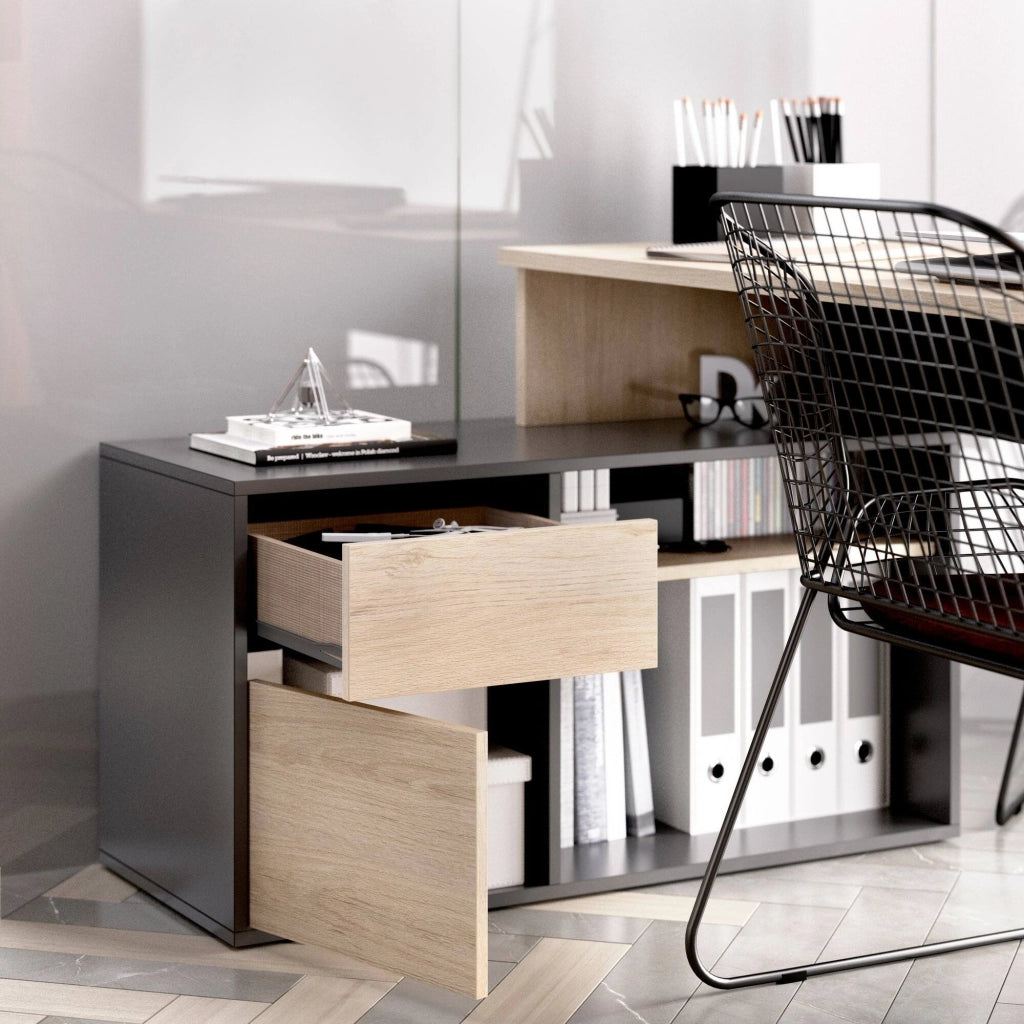 Scrivania Andor, Scrittoio multiposizione da ufficio o cameretta, Tavolo da studio angolare multiuso, 139x92h75 cm, Rovere e Antracite