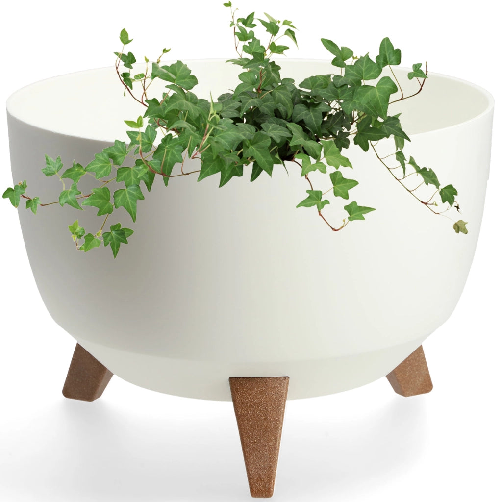 Vaso da fiori KADAX, fioriera, coperchio, gambe, inserto, supporto per fiori, 33 cm, bianco, ciotola rotonda