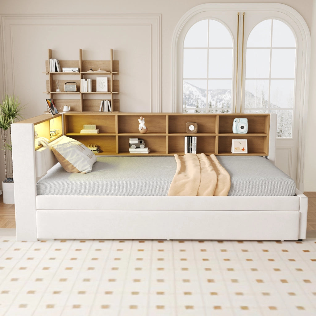 OKWISH Letto a Divano Singolo 90×200 cm con Letto Estraibile 90×190 cm, LED, USB, Tipo C e Presa, senza Materasso, Flanella, Beige