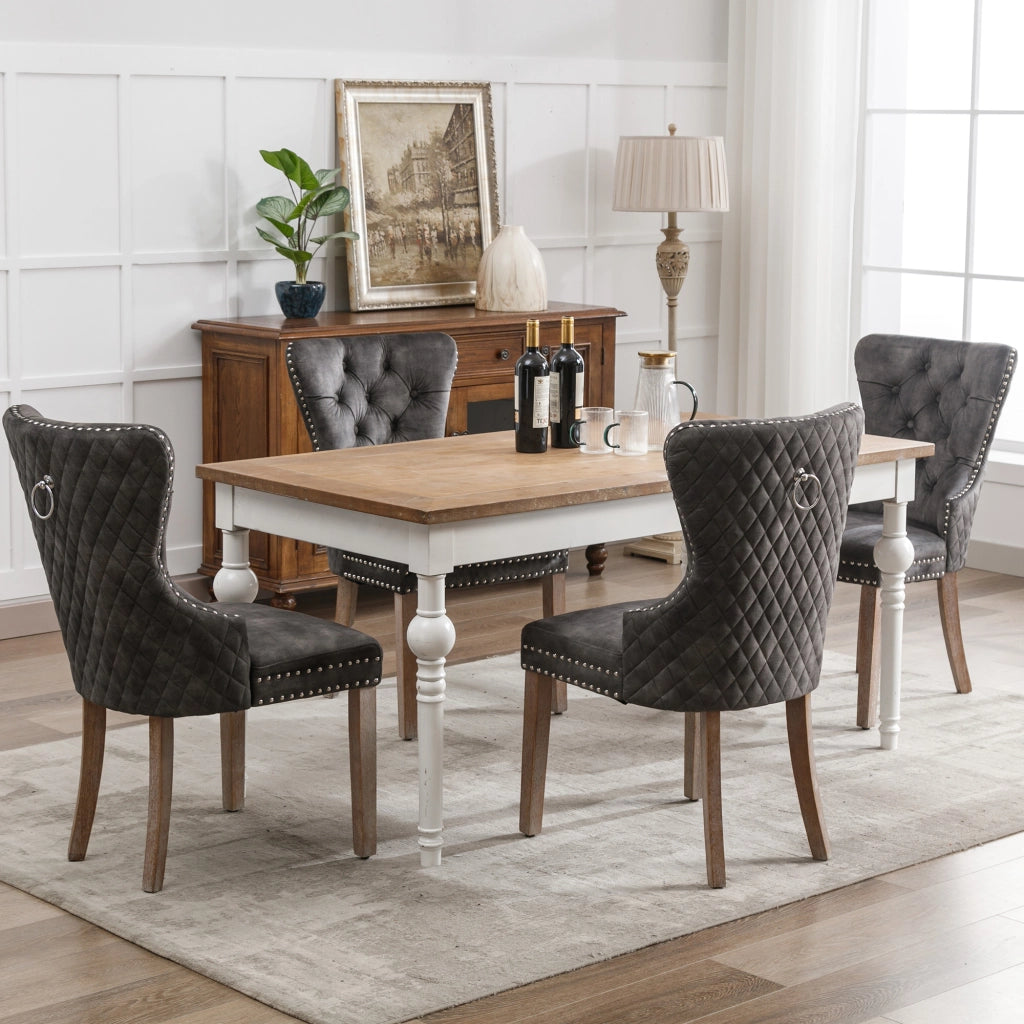 Sedia da pranzo imbottita con gambe regolabili e borchie decorative e manico posteriore in velluto grigio