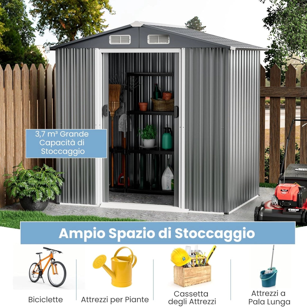 Capanno da Giardino 2,34㎡, Casetta Porta Attrezzi da Esterno in Metallo Zincato Resistente alle Intemperie, con 4 Prese d'Aria, Porte Scorrevoli con Serratura, Rampa e Guanti