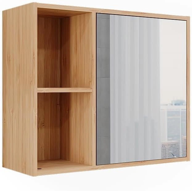 Mobile a specchio per il bagno Lucie, Bambù, 54 x 44.5 cm con specchio, adatto per la conservazione salvaspazio di accessori da bagno