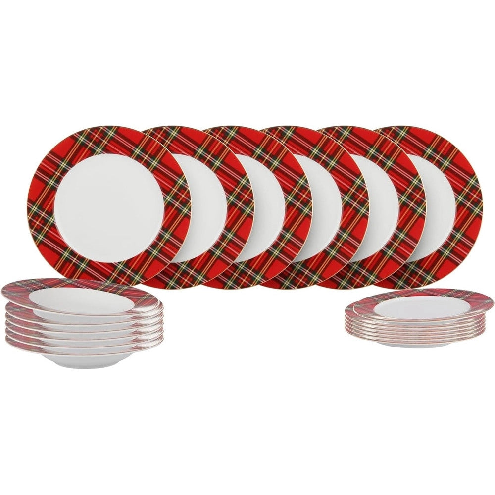 Trade Shop - Set Servizio Di 18 Pz Piatti Con Motivo A Bordo Tartan In Porcellana Da Tavola Natalizio -