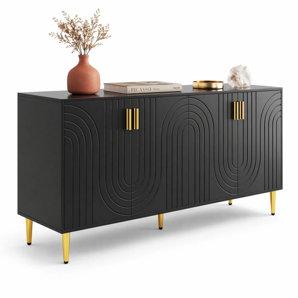 Sideboard nero in MDF 152x40x75 cm con design a onde e maniglie dorate per zona pranzo elegante