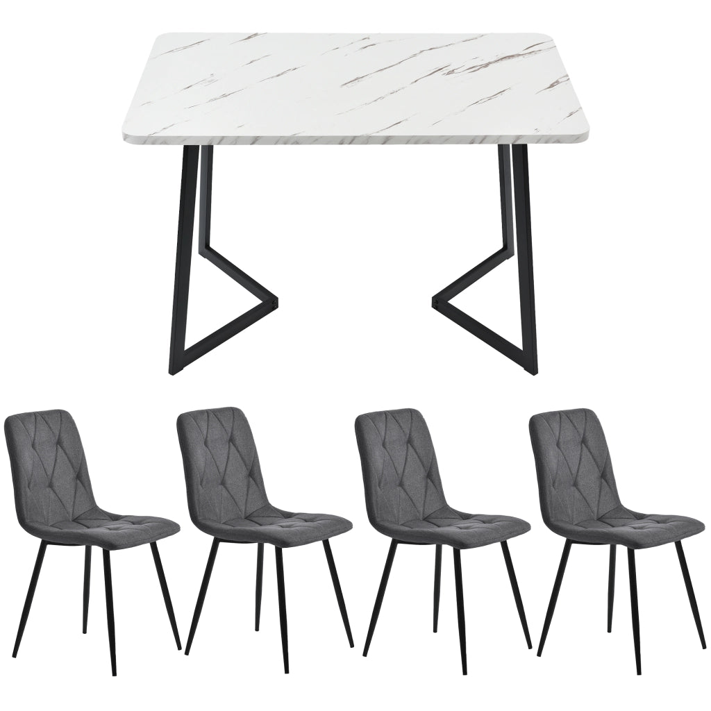 Tavolo da pranzo con 4 sedie in MDF con piano effetto marmo e gambe in metallo nero per sala da pranzo