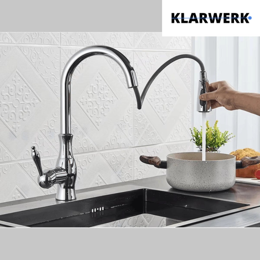 NAVIS | Elegante rubinetto cucina estraibile in acciaio inox cromato argento, arco alto, miscelatore di lusso, alta pressione, 360°, 2 attacchi