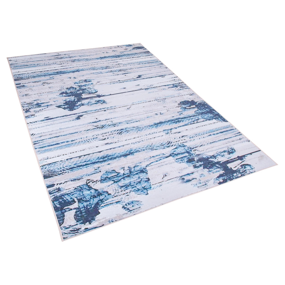 Tappeto tappetino Moquette Tessuto in poliestere beige e blu Motivo astratto invecchiato Fondo rivestito in gomma 140 x 200 cm