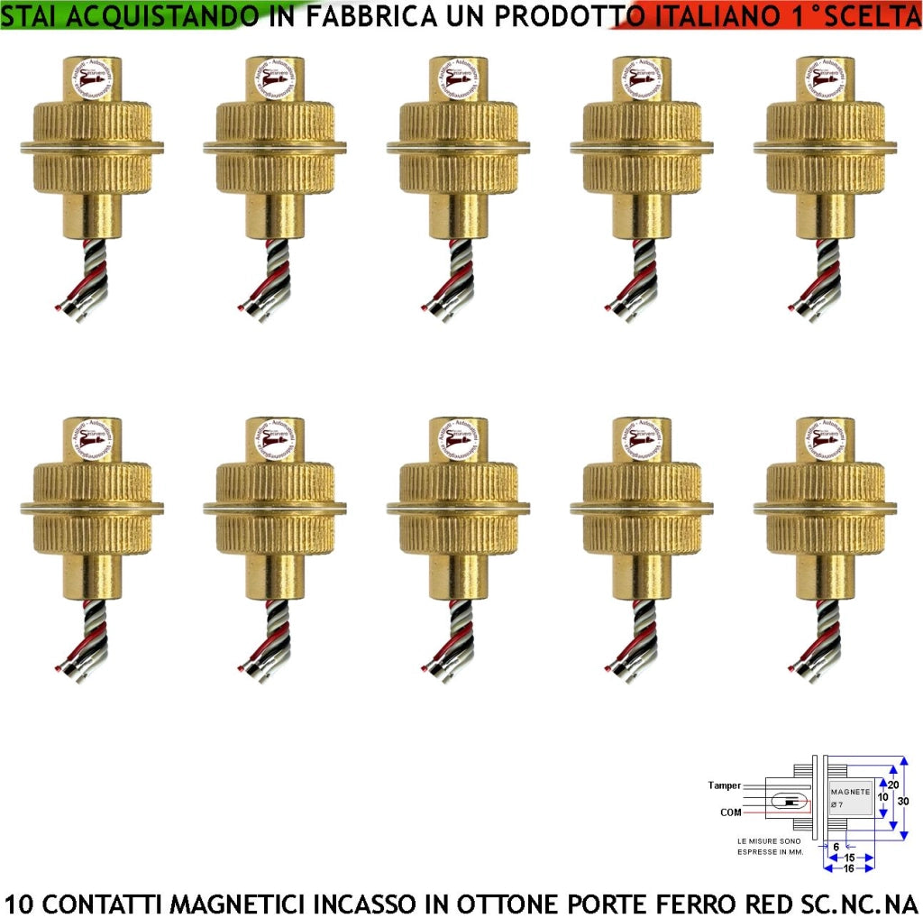 Rilevatore Magnetico a Cilindro In Ottone da Incasso 10 Pezzi Contatto Allarme Reed a Scambio Rileva Posizione Porta Aperta o Chiusa Campo 20 mm 5 Fili 3 C.NC.NA 2 Tamper Max 30 V 10 W Protezione IP65