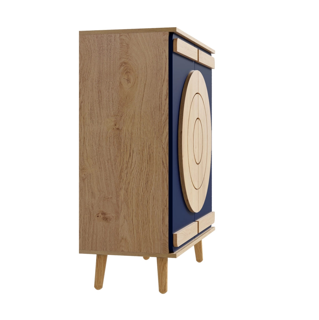 Mobile scarpiera moderno con porte geometriche; 76x37x98;5 cm; in pannelli truciolari blu e naturale