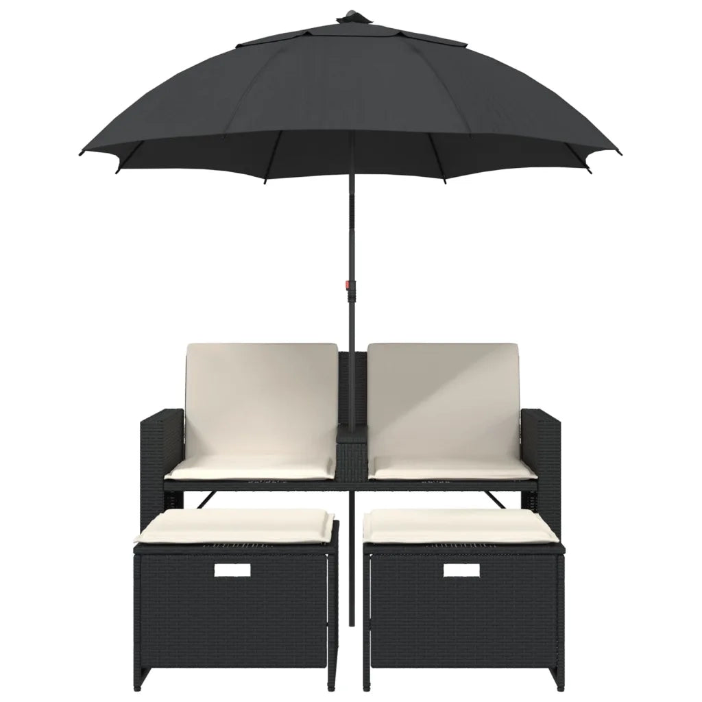 Divano Giardino 2 Posti Ombrellone e Sgabelli Nero Polyrattan