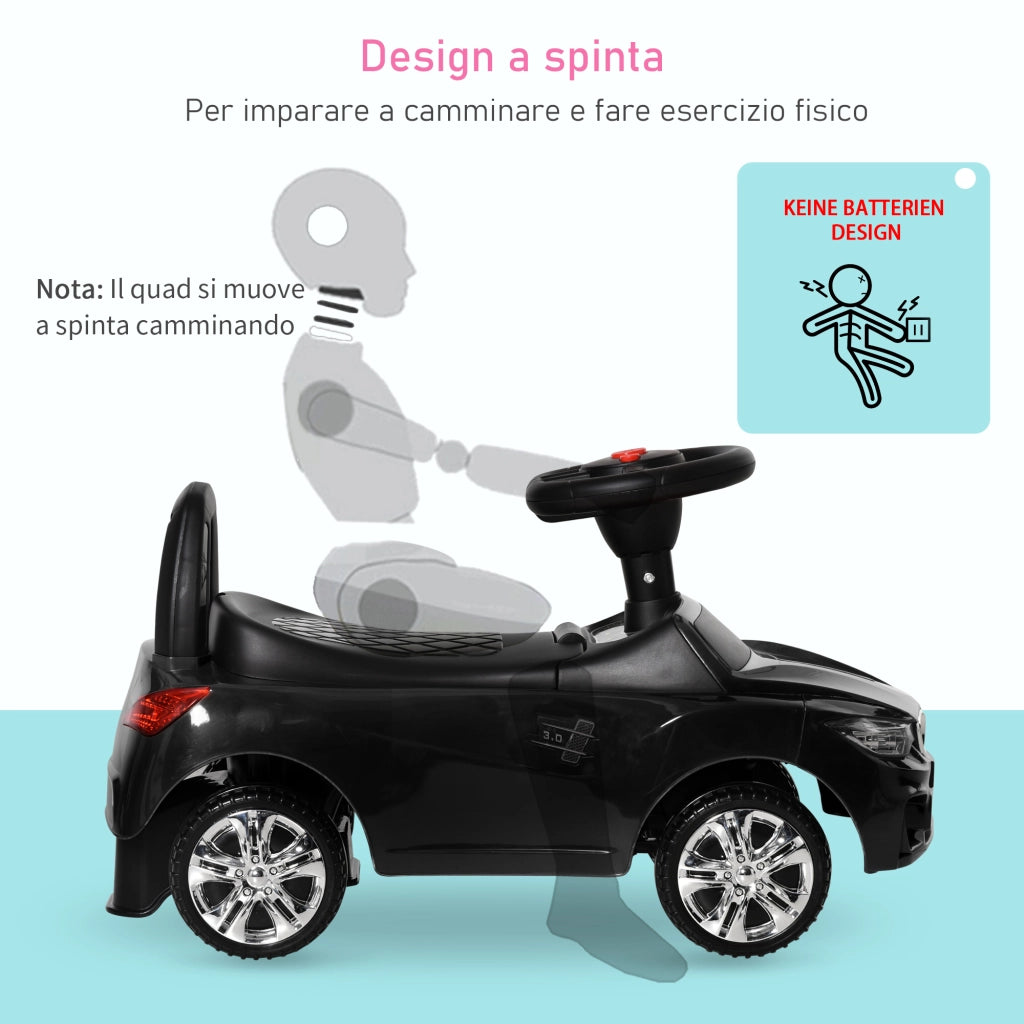 Macchinina Cavalcabile Bambini con Volante, Fari e Musica ¨C Xylo ¨C Nero, PP e Metallo, 63.5x28x36 cm