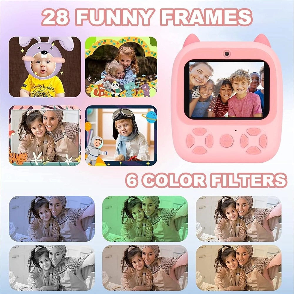 Trade Shop - Fotocamera Istantanea Bambini Digitale Hd 1080p 4 Rotoli Scheda Sd Doppia Lente -