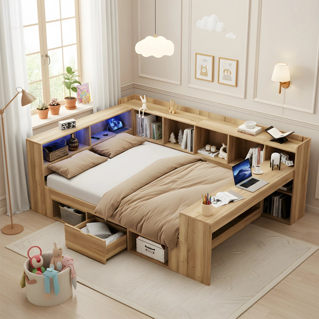 Letto Singolo Contenitore in Legno con LED, Cassetti e Scrivania ¨C MINIMAL ¨C 140x200