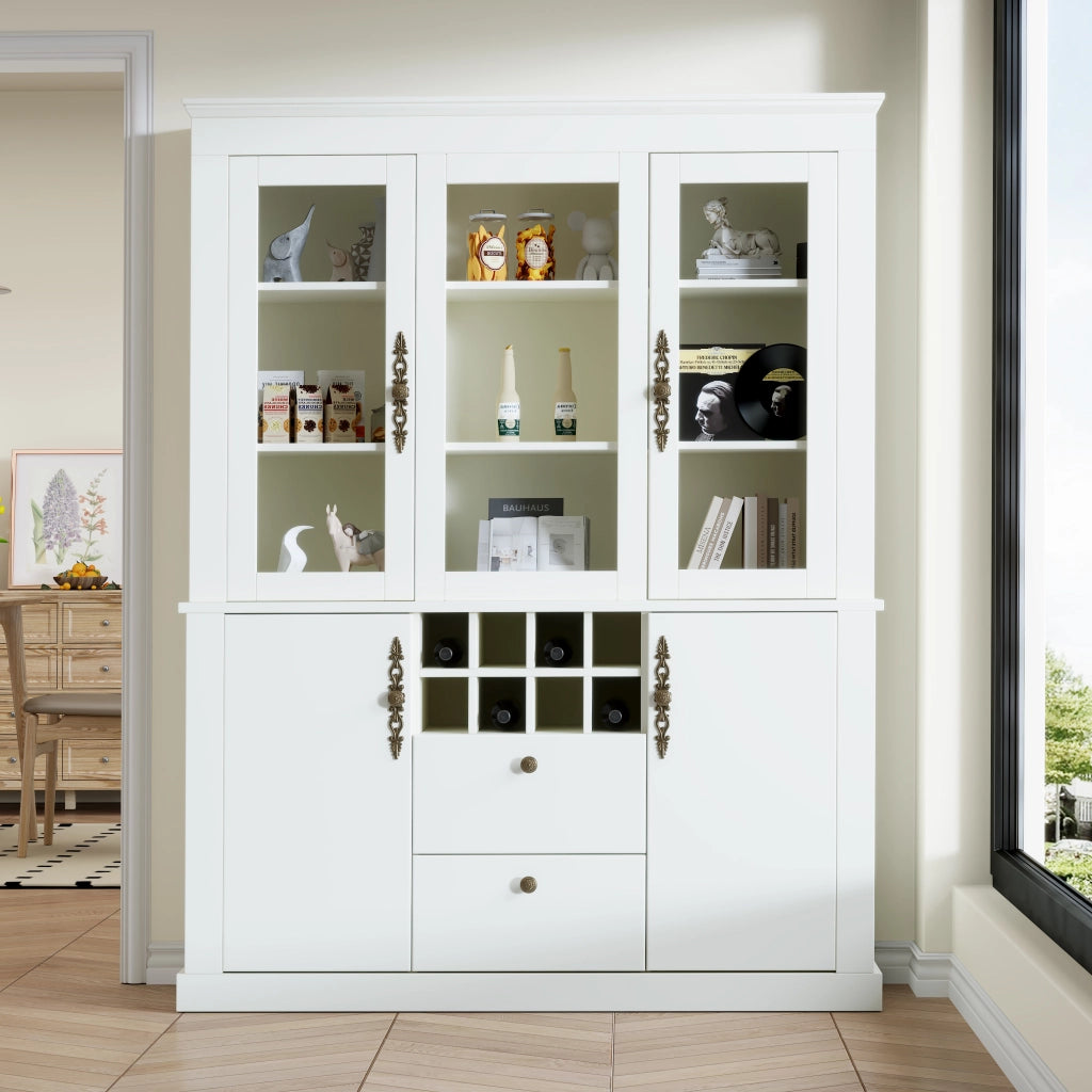 Vetrina con 2 cassetti 4 ante e 8 portabottiglie con LED per soggiorno e sala da pranzo in bianco 130 × 37,5 × 170,5 cm