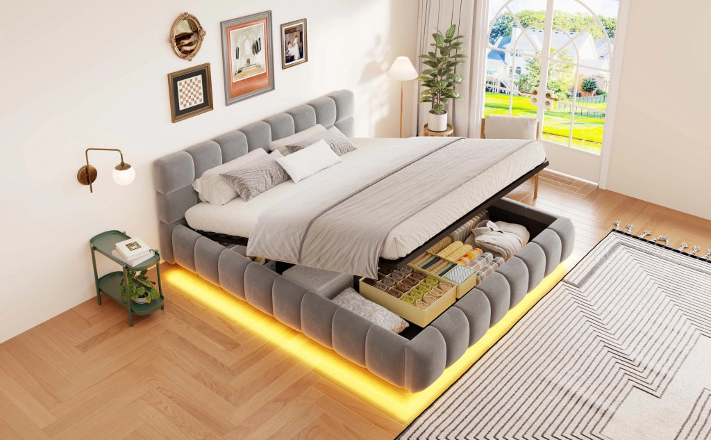 Letto imbottito con contenitore idraulico e LED, 160x200 cm, velluto grigio