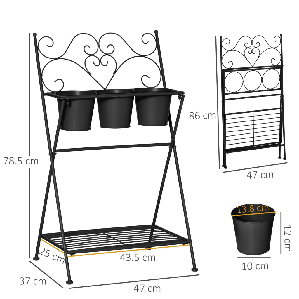 Portapiante Pieghevole in Metallo con 3 Vasi ¨C Zephmum ¨C Nero 47x37x78.5 cm