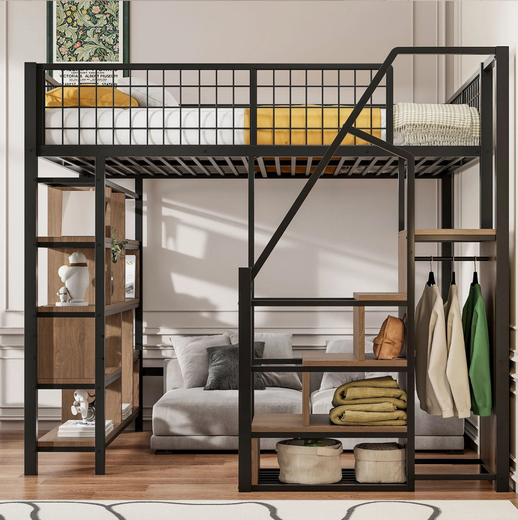 Letto a soppalco 140x200 cm con scala contenitore nero