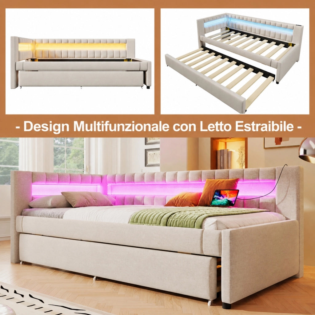 Letto divano singolo 90x200 cm; secondo letto estraibile; LED; USB e Tipo C; lino e MDF; grigio