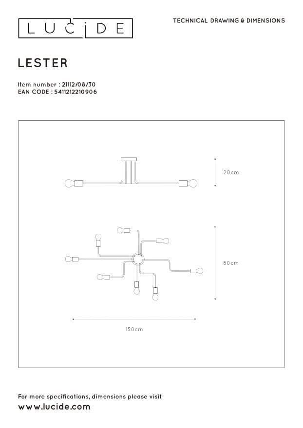 Lampadario Lucide Lester nero 8xE27 dimmerabile metallo