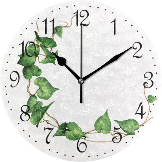 Cronografo Decorativo a Batterie con Foglie Verdi, 25 x 25 cm, Silenzioso e Senza Tacco, Adatto per Qualsiasi Ambiente