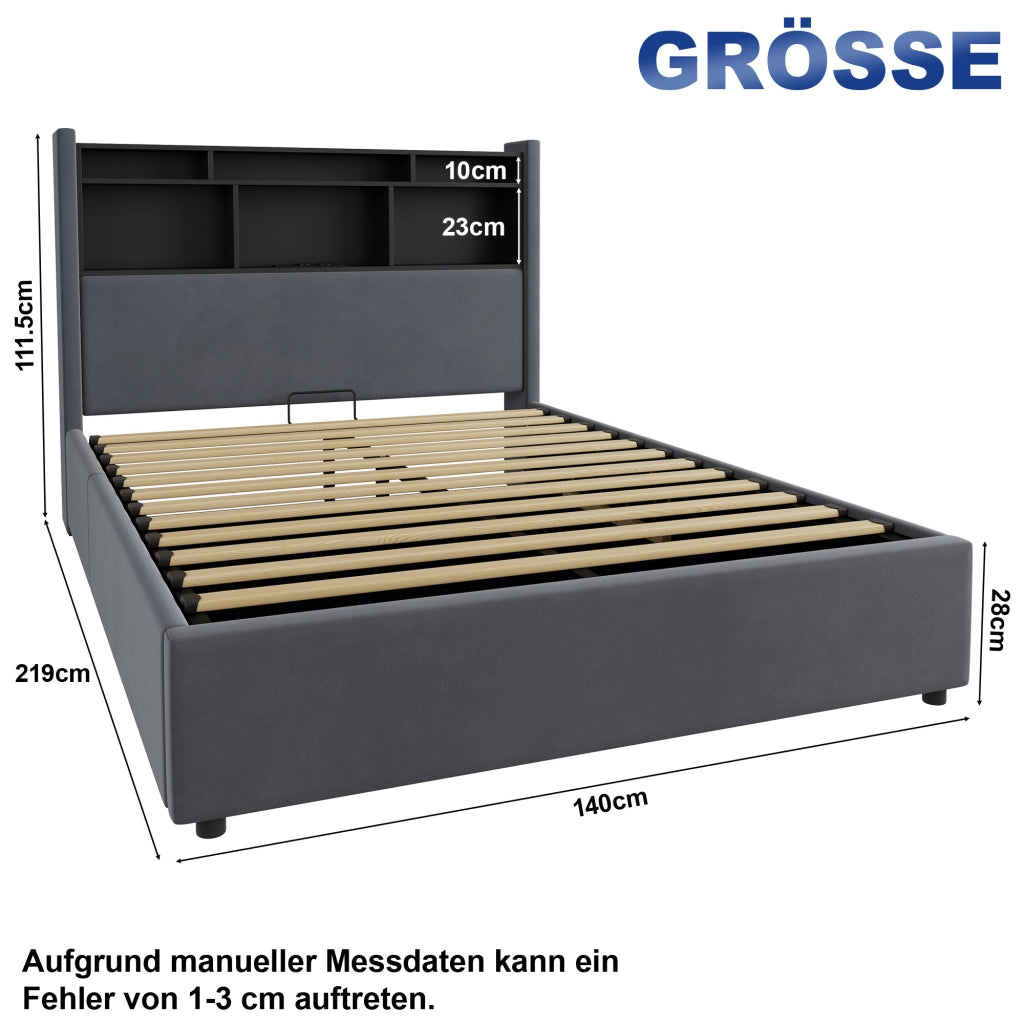 Letto matrimoniale contenitore imbottito grigio scuro 140x200 cm con LED e ricarica USB