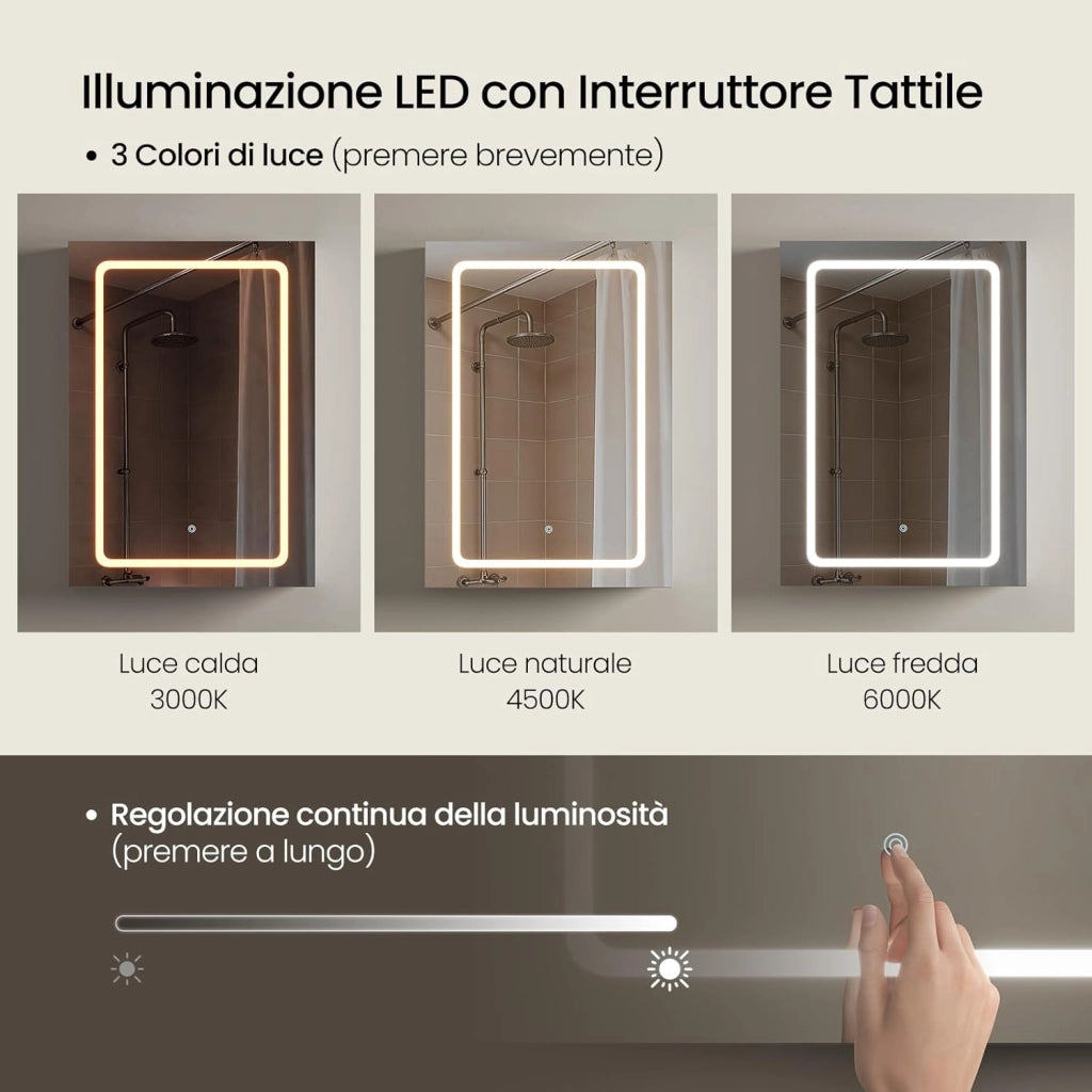 Mobile Bagno con Specchio e Luce, Armadietto Bagno con Ripiani Regolabili, Ganci e Prese, Luce Tattile a 3 Colori, per Appartamento, Bianco, 50x14,5x70 cm