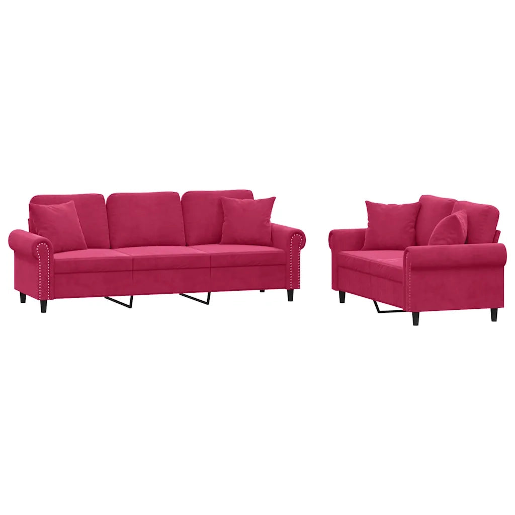Set di Divani 2 pz con Cuscini Rosso Vino in Velluto 3202274