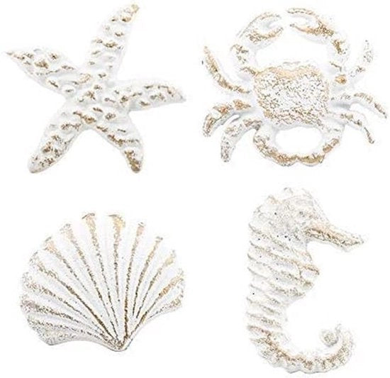 Pacchetto da 4 Retro Maniglie per Porta - Maniglia Singola Foro - Maniglia in Ottone - Tema Mare - Sirena Stella Marina Granchio (bianco)