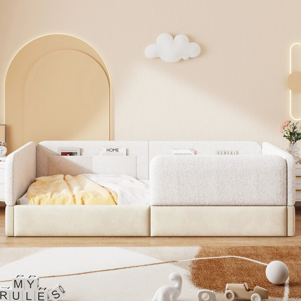 Letto singolo 90 × 200 cm con barriera di sicurezza, tasche portaoggetti, senza materasso, in MDF, bianco