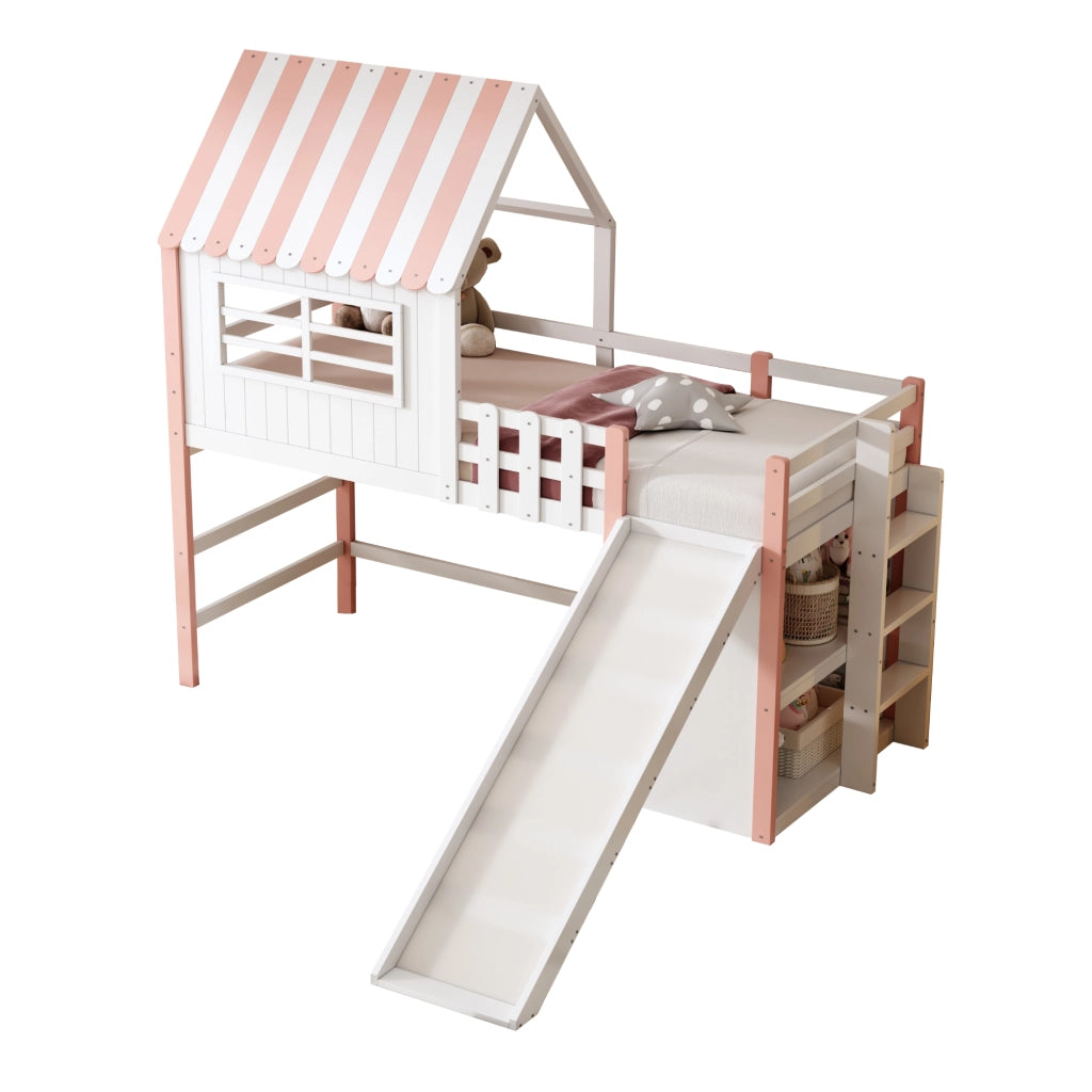 Letto a castello rosa in legno massello e MDF con scivolo e scala di sicurezza 90x200 cm