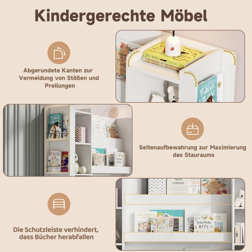 Libreria per bambini con contenitori, scaffale porta libri e giochi, mobile in MDF bianco 140 x 30 x 95 cm