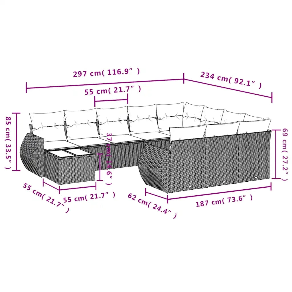 Set Divani da Giardino 11 pz con Cuscini in Polyrattan Grigio