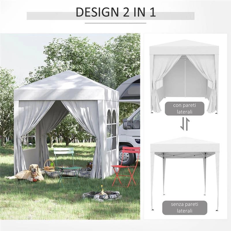 GAZEBO PIEGHEVOLE POP UP 2X2 M CON 4 PARETI RIMOVIBILI IN POLIESTERE E ACCIAIO, BIANCO