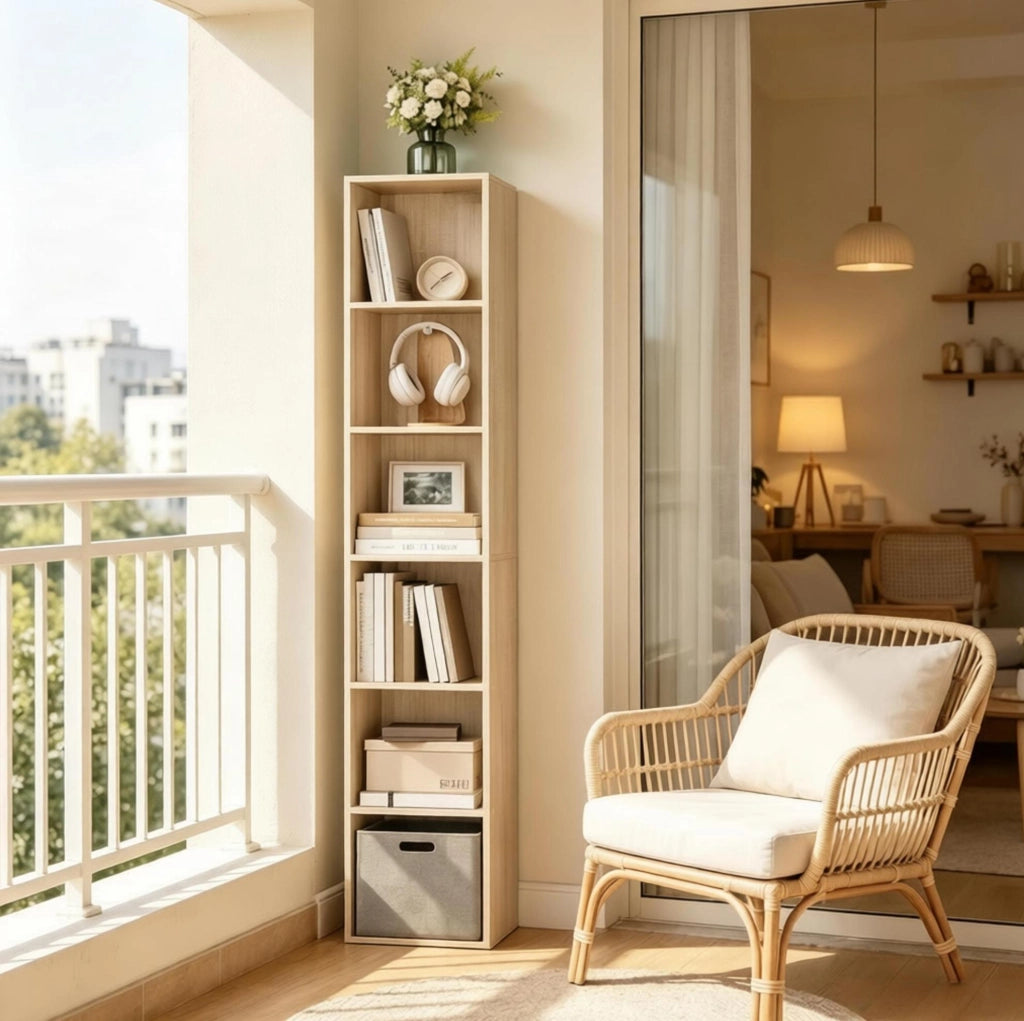 Libreria a cubi alta in rovere con 6 vani