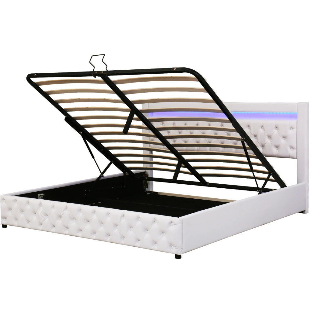 Letto imbottito 180x200 cm con rete a doghe, contenitore e LED