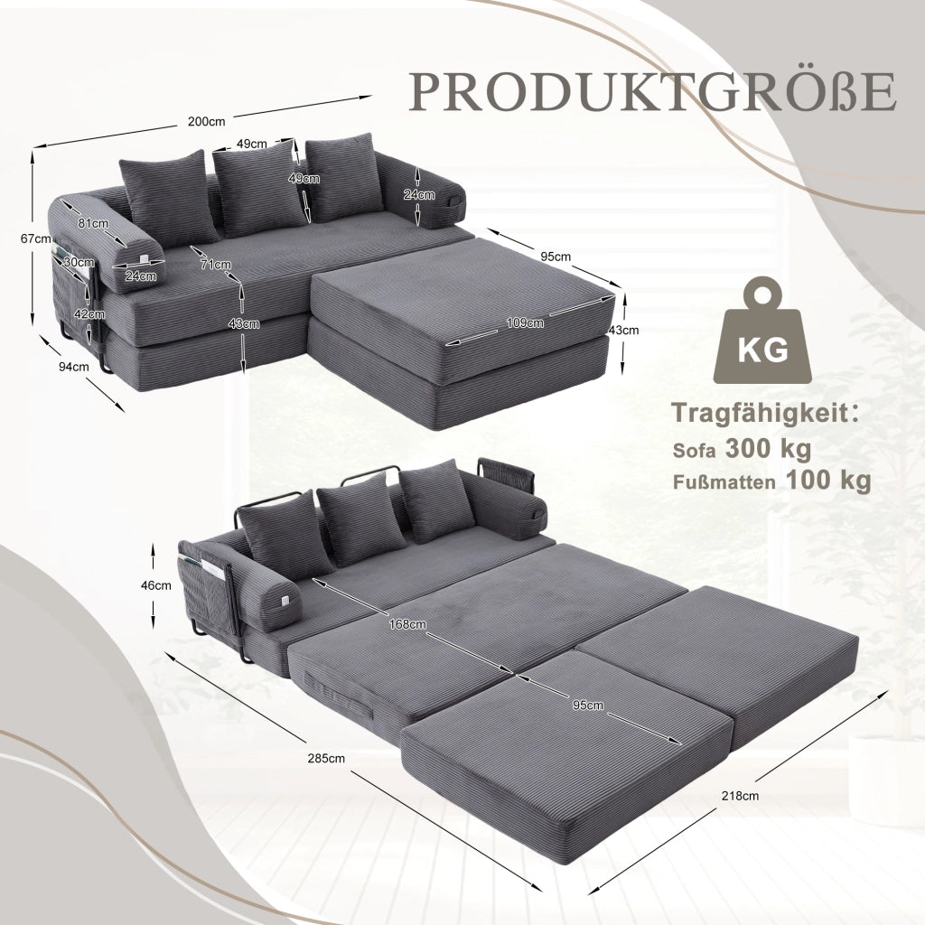 DIVANO MODULARE 200x190x67 cm in corduroy grigio scuro con pouf e 3 cuscini
