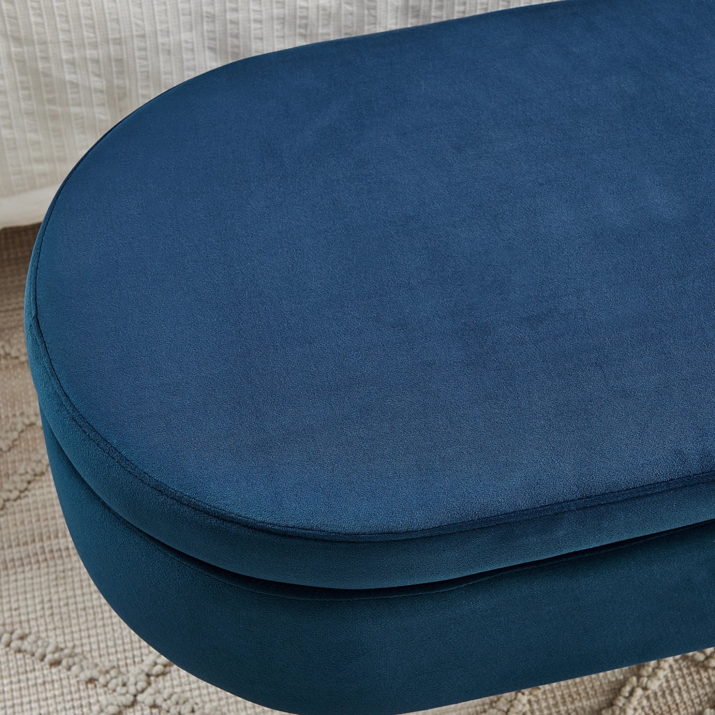Panca contenitore in velluto blu scuro 110x40x42 cm con vano 20L e gambe in metallo