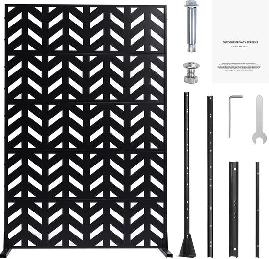 Scheidingswand metallica, 119,4 cm L x 182,9 cm A, 5-sezione parete divisoria per esterni, Privacyschermo staccato in acciaio per giardino, balcone, terrazza, interno, nero