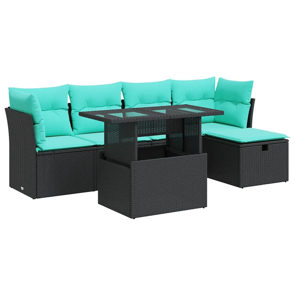 Set Divano da Giardino 6 pz con Cuscini Nero Polyrattan Acacia